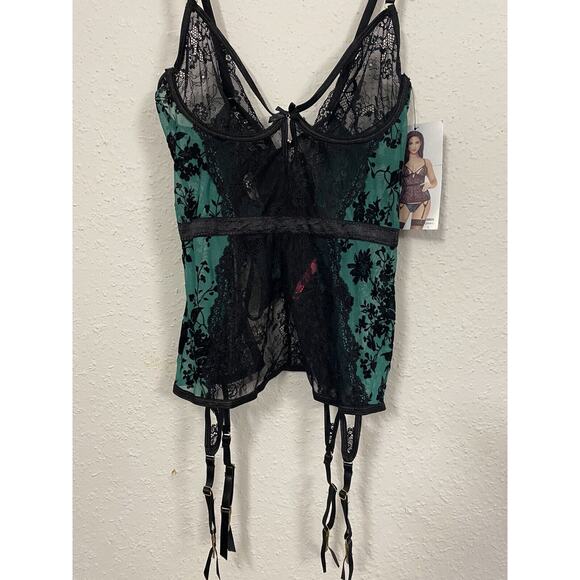 Seven 'Til Midnight Two Piece Flocked Mesh & Lace Bustier & Thong Sexy Set Sz L - Picture 5 of 8